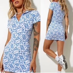 Motel Rocks Collared Love Mini‎ Dress in Light Blue and White - S